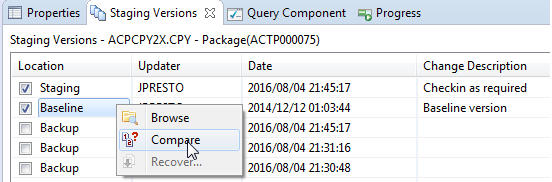 staging versions compare menu