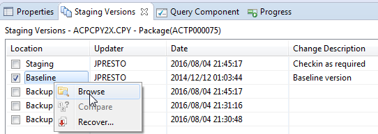 staging versions context menu